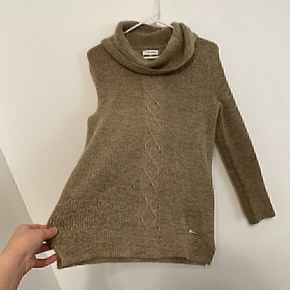 CALVIN KLEIN Beige Tan Black Marled Textured Knit Diamond Cowl Neck Fall Sweater - Picture 6 of 15